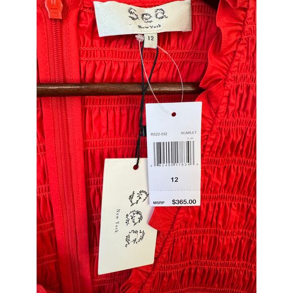 SEA NEW YORK NWT Scarlet Gaia Solid Cotton Long Sleeve Mini Dress Sz 12 Ruffles - Picture 13 of 14